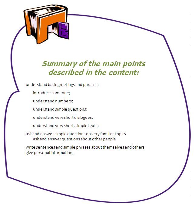 Summary of the main points described in the content:understand basic greetings and phrases; introduce someone; understand numbers; understand simple questions; understand very short dialogues; understand very short, simple texts; ask and answer simple questions on very familiar topics; ask and answer questions about other people; write sentences and simple phrases about themselves and others; give personal information;