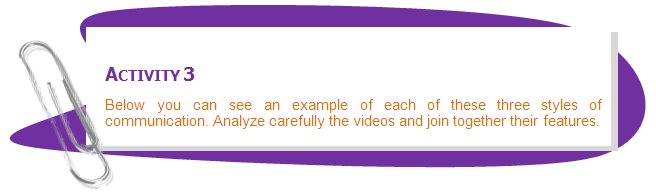 ACTIVITY 3
Below you can see an example of each of these three styles of communication. Analyze carefully the videos and join together their features.
