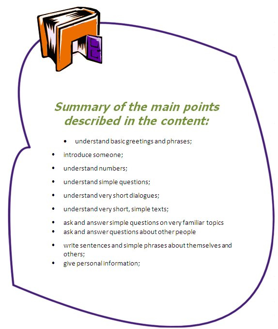 Summary of the main points described in the content:understand basic greetings and phrases; introduce someone; understand numbers; understand simple questions; understand very short dialogues; understand very short, simple texts; ask and answer simple questions on very familiar topics; ask and answer questions about other people; write sentences and simple phrases about themselves and others; give personal information;