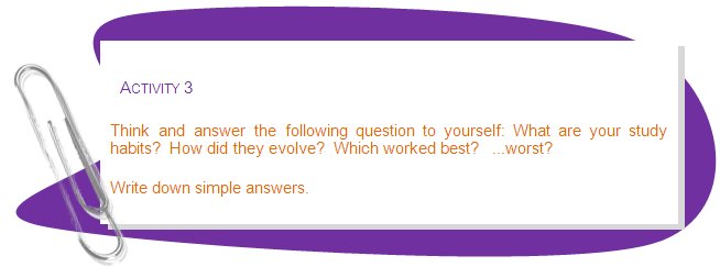 ACTIVITY 3
Think and answer the following question to yourself: What are your study habits?  How did they evolve?  Which worked best?   ...worst?
Write down simple answers.
