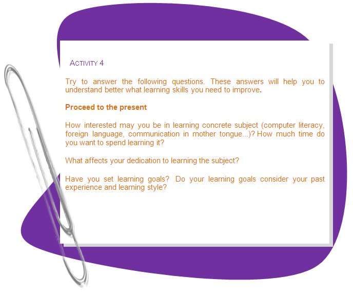 ACTIVITY 4

Try to answer the following questions. These answers will help you to understand better what learning skills you need to improve.

Proceed to the present 

How interested may you be in learning concrete subject (computer literacy, foreign language, communication in mother tongue...)? How much time do you want to spend learning it?
What affects your dedication to learning the subject?
Have you set learning goals?  Do your learning goals consider your past experience and learning style?

