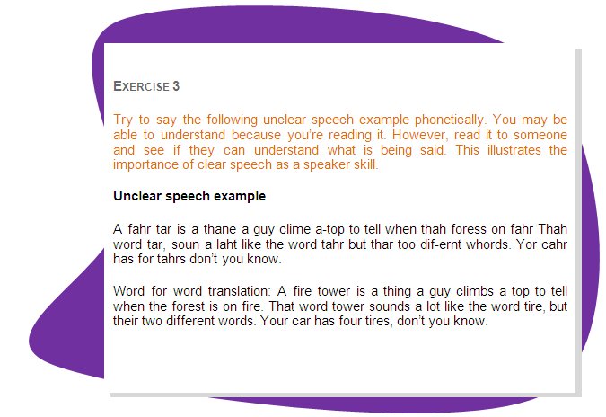EXERCISE 3
Try to say the following unclear speech example phonetically. You may be able to understand because you’re reading it. However, read it to someone and see if they can understand what is being said. This illustrates the importance of clear speech as a speaker skill.
Unclear speech example
A fahr tar is a thane a guy clime a-top to tell when thah foress on fahr Thah word tar, soun a laht like the word tahr but thar too dif-ernt whords. Yor cahr has for tahrs don’t you know.
Word for word translation: A fire tower is a thing a guy climbs a top to tell when the forest is on fire. That word tower sounds a lot like the word tire, but their two different words. Your car has four tires, don’t you know.
