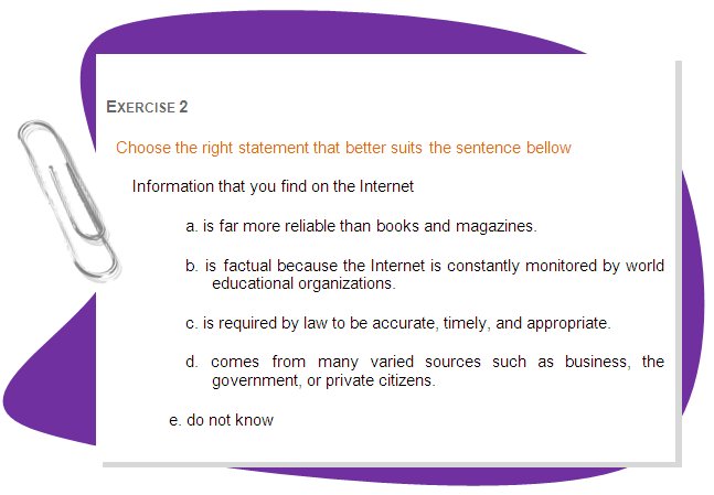 EXERCISE 2 
Choose the right statement that better suits the sentence bellow
Information that you find on the Internet 
a. is far more reliable than books and magazines. 
b. is factual because the Internet is constantly monitored by world educational organizations. 
c. is required by law to be accurate, timely, and appropriate. 
d. comes from many varied sources such as business, the government, or private citizens.
e. do not know
