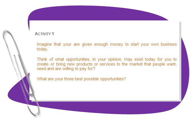 ACTIVITY 1
Imagine that your are given enough money to start your own business today.
Think of what opportunities, in your opinion, may exist today for you to create or bring new products or services to the market that people want, need and are willing to pay for? 
What are your three best possible opportunities?

