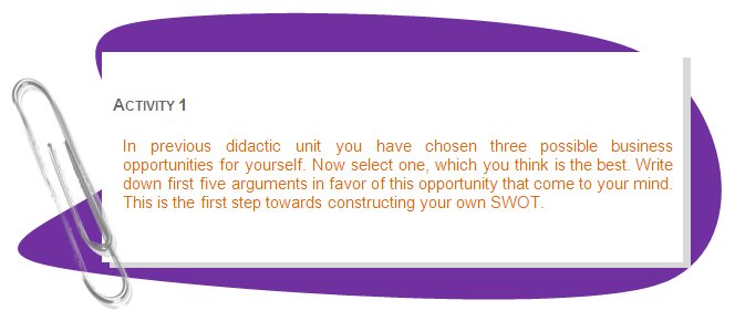 ACTIVITY 1
In previous didactic unit you have chosen three possible business opportunities for yourself. Now select one, which you think is the best. Write down first five arguments in favor of this opportunity that come to your mind. This is the first step towards constructing your own SWOT.
