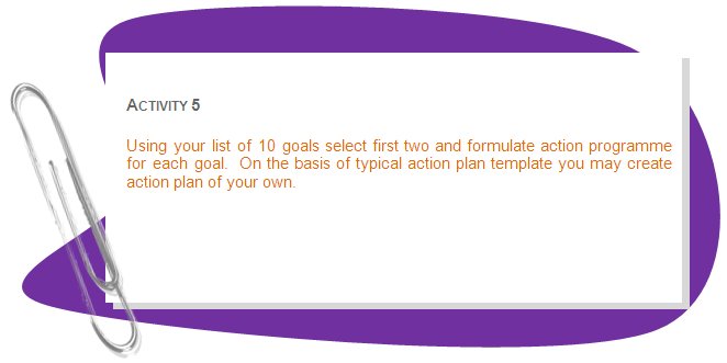 ACTIVITY 5
Using your list of 10 goals select first two and formulate action programme for each goal.  On the basis of typical action plan template you may create action plan of your own.
