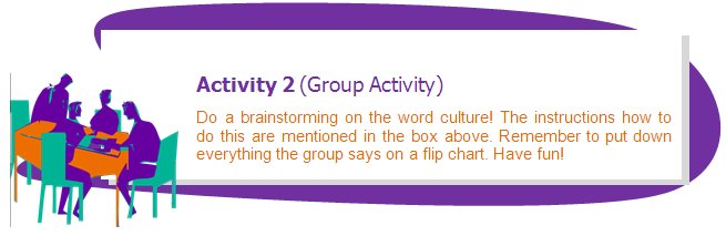 Activity 2 (Group Activity)
Do a brainstorming on the word culture! The instructions how to do this are mentioned in the box above. Remember to put down everything the group says on a flip chart. Have fun!
