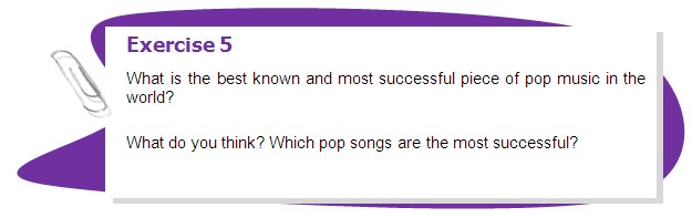 Exercise 5
What is the best known and most successful piece of pop music in the world?
What do you think? Which pop songs are the most successful?
