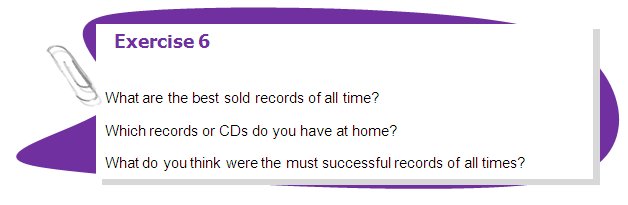 Exercise 6

What are the best sold records of all time?
Which records or CDs do you have at home?
What do you think were the must successful records of all times?
