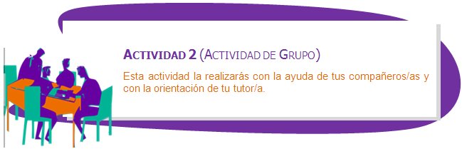 ACTIVIDAD 2 (ACTIVIDAD DE GRUPO)
Esta actividad la realizarás con la ayuda de tus compañeros/as y con la orientación de tu tutor/a.
