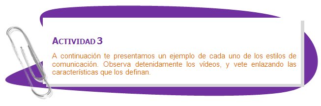 ACTIVIDAD 3
A continuación te presentamos un ejemplo de cada uno de los estilos de comunicación. Observa detenidamente los vídeos, y vete enlazando las características que los definan.
