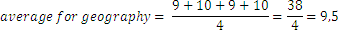 promedio de geografía=  (9+10+9+10)/4=38/4=9,5