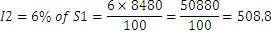 I2=6% de S1= (6×8480)/100=50880/100=508,8