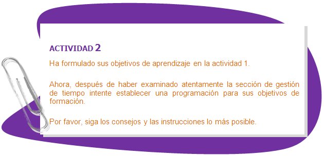 ACTIVIDAD 2
Ha formulado sus objetivos de aprendizaje en la actividad 1.
Ahora, después de haber examinado atentamente la sección de gestión de tiempo intente establecer una programación para sus objetivos de formación.
Por favor, siga los consejos y las instrucciones lo más posible.
