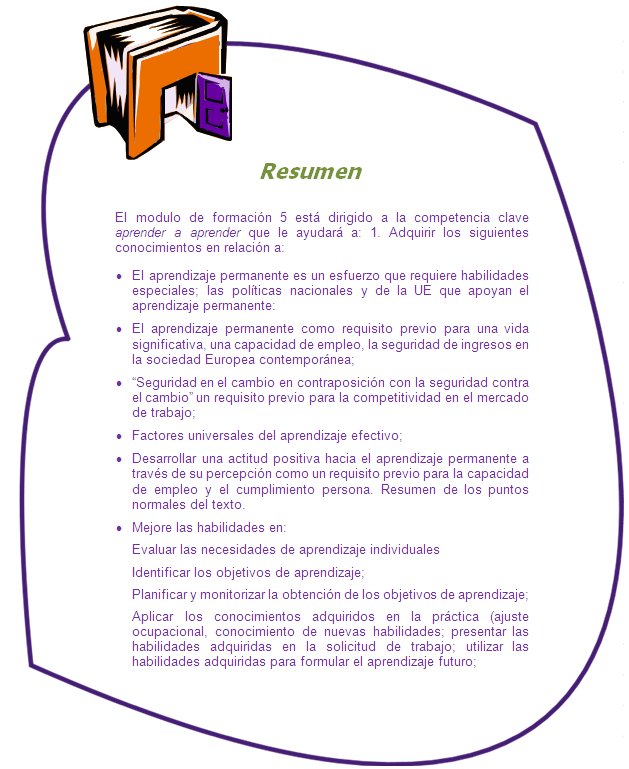 Resumen

El modulo de formación 5 está dirigido a la competencia clave aprender a aprender que le ayudará a: 1. Adquirir los siguientes conocimientos en relación a:
•	El aprendizaje permanente es un esfuerzo que requiere habilidades especiales; las políticas nacionales y de la UE que apoyan el aprendizaje permanente:
•	El aprendizaje permanente como requisito previo para una vida significativa, una capacidad de empleo, la seguridad de ingresos en la sociedad Europea contemporánea; 
•	“Seguridad en el cambio en contraposición con la seguridad contra el cambio” un requisito previo para la competitividad en el mercado de trabajo;
•	Factores universales del aprendizaje efectivo;
•	Desarrollar una actitud positiva hacia el aprendizaje permanente a través de su percepción como un requisito previo para la capacidad de empleo y el cumplimiento persona. Resumen de los puntos normales del texto. 
•	Mejore las habilidades en: 
Evaluar las necesidades de aprendizaje individuales 
Identificar los objetivos de aprendizaje;
Planificar y monitorizar la obtención de los objetivos de aprendizaje;
Aplicar los conocimientos adquiridos en la práctica (ajuste ocupacional, conocimiento de nuevas habilidades; presentar las habilidades adquiridas en la solicitud de trabajo; utilizar las habilidades adquiridas para formular el aprendizaje futuro; 
