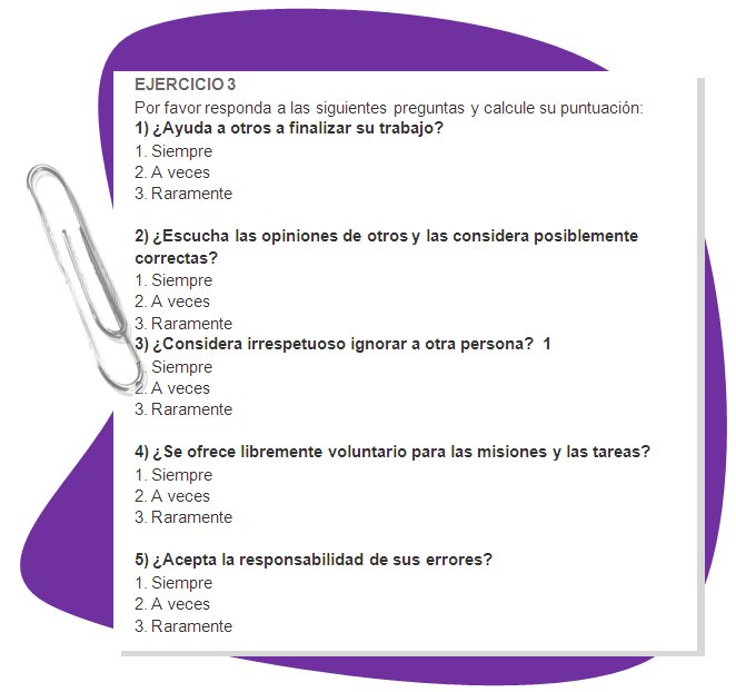 EJERCICIO 3
Por favor responda a las siguientes preguntas y calcule su puntuación: 
1) ¿Ayuda a otros a finalizar su trabajo? 
 1. Siempre
 2. A veces
 3. Raramente

2) ¿Escucha las opiniones de otros y las considera posiblemente correctas? 
 1. Siempre
 2. A veces
 3. Raramente
3) ¿Considera irrespetuoso ignorar a otra persona?  1
 1. Siempre
 2. A veces
 3. Raramente

4) ¿Se ofrece libremente voluntario para las misiones y las tareas? 
 1. Siempre
 2. A veces
 3. Raramente
5) ¿Acepta la responsabilidad de sus errores? 
 1. Siempre
 2. A veces
 3. Raramente
