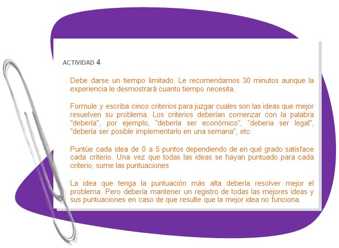 ACTIVIDAD 4
Debe darse un tiempo limitado. Le recomendamos 30 minutos aunque la experiencia le desmostrará cuanto tiempo necesita. 
Formule y escriba cinco criterios para juzgar cuales son las ideas que mejor resuelven su problema. Los criterios deberían comenzar con la palabra debería, por ejemplo, debería ser económico, deberia ser legal, debería ser posible implementarlo en una semana, etc. 
Puntúe cada idea de 0 a 5 puntos dependiendo de en qué grado satisface cada criterio. Una vez que todas las ideas se hayan puntuado para cada criterio, sume las puntuaciones 
La idea que tenga la puntuación más alta debería resolver mejor el problema. Pero debería mantener un registro de todas las mejores ideas y sus puntuaciones en caso de que resulte que la mejor idea no funciona. 
