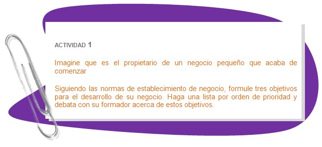 ACTIVIDAD 1
Imagine que es el propietario de un negocio pequeño que acaba de comenzar 
Siguiendo las normas de establecimiento de negocio, formule tres objetivos para el desarrollo de su negocio. Haga una lista por orden de prioridad y debata con su formador acerca de estos objetivos.
