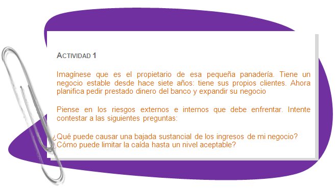 ACTIVIDAD 1
Imagínese que es el propietario de esa pequeña panadería. Tiene un negocio estable desde hace siete años: tiene sus propios clientes. Ahora planifica pedir prestado dinero del banco y expandir su negocio 
Piense en los riesgos externos e internos que debe enfrentar. Intente contestar a las siguientes preguntas: 
¿Qué puede causar una bajada sustancial de los ingresos de mi negocio? 
¿Cómo puede limitar la caída hasta un nivel aceptable?
