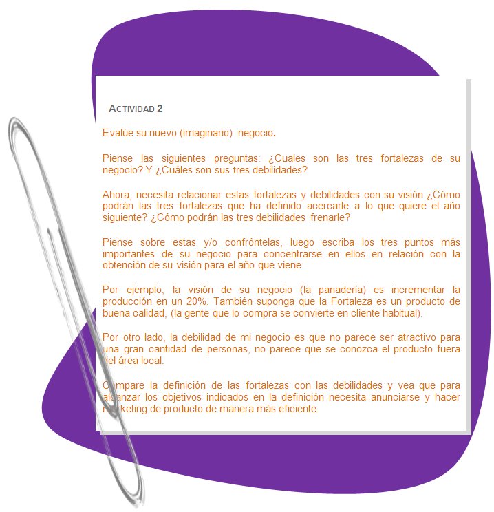 ACTIVIDAD 2
Evalúe su nuevo (imaginario)  negocio.
Piense las siguientes preguntas: ¿Cuales son las tres fortalezas de su negocio? Y ¿Cuáles son sus tres debilidades? 
Ahora, necesita relacionar estas fortalezas y debilidades con su visión ¿Cómo podrán las tres fortalezas que ha definido acercarle a lo que quiere el año siguiente? ¿Cómo podrán las tres debilidades frenarle? 
Piense sobre estas y/o confróntelas, luego escriba los tres puntos más importantes de su negocio para concentrarse en ellos en relación con la obtención de su visión para el año que viene 
Por ejemplo, la visión de su negocio (la panadería) es incrementar la producción en un 20%. También suponga que la Fortaleza es un producto de buena calidad, (la gente que lo compra se convierte en cliente habitual).
Por otro lado, la debilidad de mi negocio es que no parece ser atractivo para una gran cantidad de personas, no parece que se conozca el producto fuera del área local. 
Compare la definición de las fortalezas con las debilidades y vea que para alcanzar los objetivos indicados en la definición necesita anunciarse y hacer marketing de producto de manera más eficiente. 
