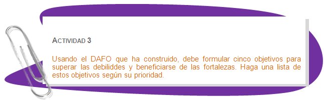 ACTIVIDAD 3
Usando el DAFO que ha construido, debe formular cinco objetivos para superar las debiliddes y beneficiarse de las fortalezas. Haga una lista de estos objetivos según su prioridad. 

