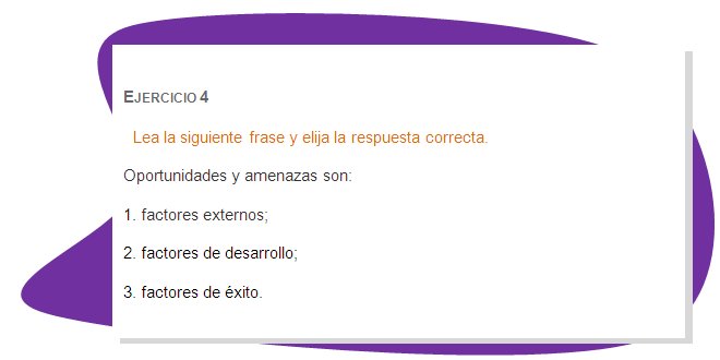 EJERCICIO 4
Lea la siguiente frase y elija la respuesta correcta.
Oportunidades y amenazas son: 
1. factores externos; 
2. factores de desarrollo; 
3. factores de éxito.
