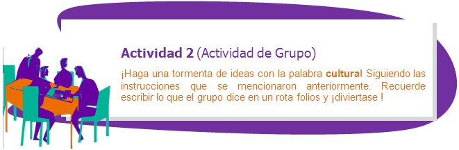 Actividad 2 (Actividad de Grupo)
¡Haga una tormenta de ideas con la palabra cultura! Siguiendo las instrucciones que se mencionaron anteriormente. Recuerde escribir lo que el grupo dice en un rota folios y ¡diviertase ! 
