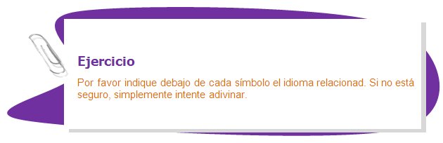 Ejercicio
Por favor indique debajo de cada símbolo el idioma relacionad. Si no está seguro, simplemente intente adivinar.
