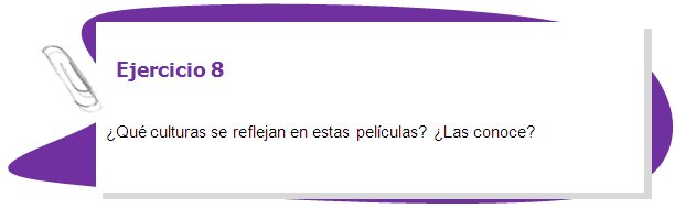 Ejercicio 8

¿Qué culturas se reflejan en estas películas? ¿Las conoce? 
