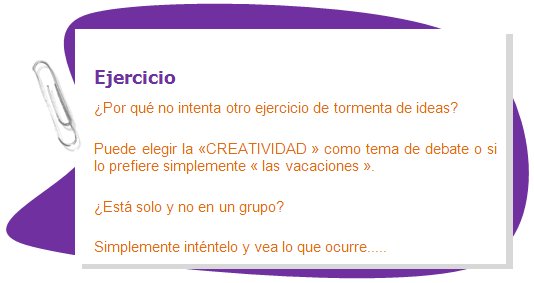 Ejercicio
¿Por qué no intenta otro ejercicio de tormenta de ideas? 
Puede elegir la «CREATIVIDAD » como tema de debate o si lo prefiere simplemente « las vacaciones ».
¿Está solo y no en un grupo?
Simplemente inténtelo y vea lo que ocurre.....
