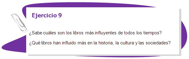 Ejercicio 9

¿Sabe cuáles son los libros más influyentes de todos los tiempos? 
¿Qué libros han influido más en la historia, la cultura y las sociedades? 
