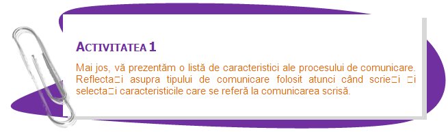 ACTIVITY 1
Below there is a list of characteristics related with the communicative process. Reflect upon the type of communication that is established when you use writing and select those characteristics that refer to written communication.
