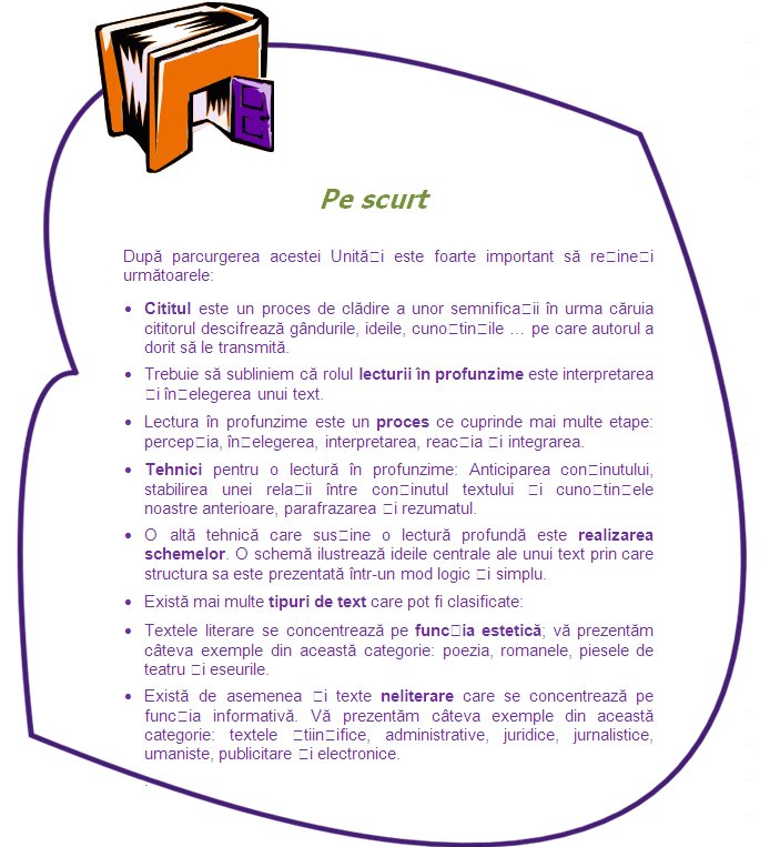 Summary

Upon completion of this Unit it is very important that you remember the following:
•	Reading is a process of building meanings in which the reader decyphers thoughts, ideas, knowledge…that the writer of the text tried to convey.
•	We must emphasize that comprehensive reading aims to interpret and understand a written text. 
•	Comprehensive reading is a process that has several phases: perception, comprehension, interpretation, reaction and integration. 
•	Some of the reading techniques that support comprehensive reading are: Foreseeing the content, establishing a relationship between the content of the text and our previous knowledge, paraphrasing the text and summarizing it.
•	Another technique that supports comprehensive reading is developing schemes. A scheme must illustrate the core ideas of a text presenting its structure in a logical and simple way.  
•	There are several types of text, that can be classified into: 
•	Literary texts focus on the aesthetic aspect; we consider literary texts the poetry, novels, theater plays and essays.
•	There are also non literary texts that focus on the informative function. We consider non-literary texts the scientific, administrative, legal, journalistic, humanistic, advertising and electronic texts
