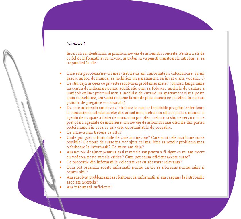 ACTIVITY 1
Try on practice identify concrete information need. To know what kind of information you need you should ask yourself the following questions and answer them: 
•	What is my problem/need (I need to learn computer literacy, to find job, to rent an apartment; to study new vocation...)
•	What do I already know on how to solve my problem? (I know one learning centre for adults near my place; I know how to use online job search tools; my friend recently rented an apartment and can help me to rent; I saw adds by labour exchange on free vocational training courses available).
•	What information do I need? (I need to know about computer literacy training facilities in my town; I need to find what labour exchange and employment agencies can offer me; I need to know what services and at what price offer renting agencies;  i need more official information on training opportunities from labour exchange).
•	What more do I need to find out?
•	Where can I find the information I need? Which are the best possible sources? Which types of sources will best help me solve my information problem? Which sources do I already have? 
•	Do I need help to find the resources or to make sure I haven't overlooked any critical sources? How can I search these sources effectively? 
•	How much of the information I collected is truly relevant? 
•	How can I organize this information so that it makes sense to myself and others? 
•	Have I solved my information problem and answered the related questions? 
•	Do I have enough information? 
