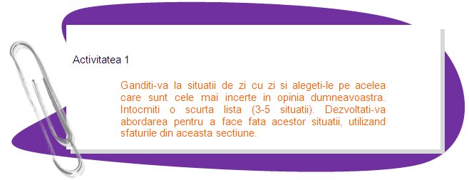 ACTIVITY 1
Think about everyday situations and choose those of them which are most uncertain. in your pinion. Make a short list of them (3-5 situations). Develop your approach to coping these situations using advice of this section.
