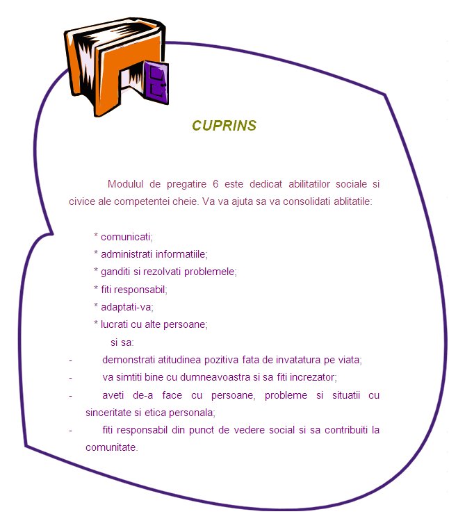 Summary

Training module 6 is devoted to key competence social and civic skills It will help you to strengthen skills:
•	communicate;
•	manage information;
•	think and solve problems;
•	be responsible;
•	be adaptable;
•	work with others; 
and to: 
-	demonstrate positive attitude towards lifelong learning;
-	feel good about yourself and be confident;
-	deal with people, problems and situations with honesty and personal ethics;
-	be socially responsible and contribute to community;
