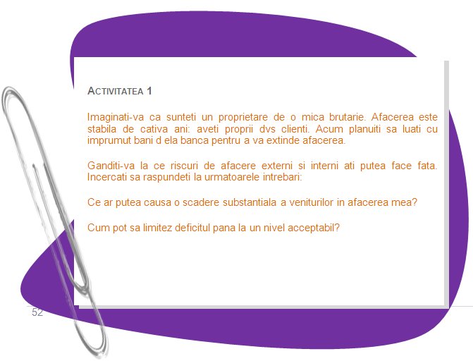 ACTIVITY 1
Imagine that you are a small bakery owner. Your business is stable over several years: you have your  customers. Now you plan to borrow money from the bank and expand your business.
Think what external and internal business risks you may face. Try to answer the following questions: 
What can cause a substantial income decline in my business?
How can I limit the shortfall to an acceptable level? 
