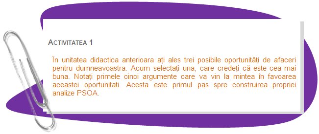 ACTIVITY 1
In previous didactic unit you have chosen three possible business opportunities for yourself. Now select one, which you think is the best. Write down first five arguments in favor of this opportunity that come to your mind. This is the first step towards constructing your own SWOT.
