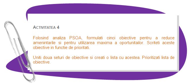 ACTIVITY 4
Using SWOT formulate five goals for reducing threats and making maximum use of opportunities. List these goals according to priority.
Unite two sets of goals, and make a list of them. Prioritise list of goals.
