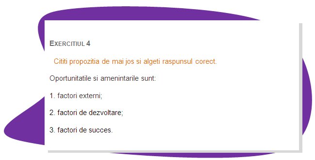 EXERCISE 4
Read the sentence below and chose the right answer.
Opportunities and threats are: 
1. external factors; 
2. development factors; 
3. success factors.
